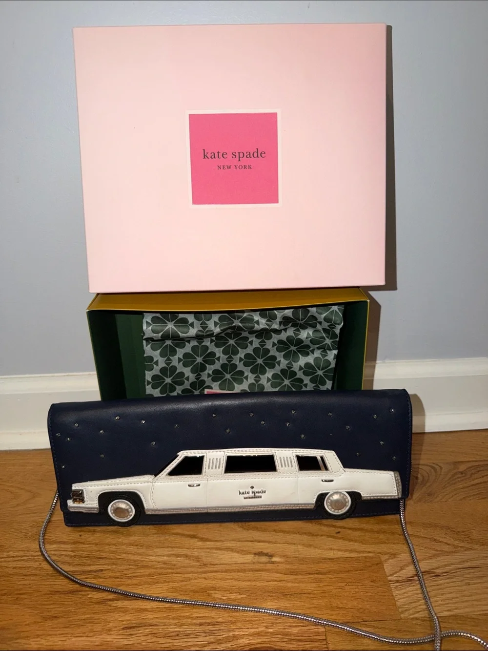 kate spade navy leather clutch with white limo applique and silver studs